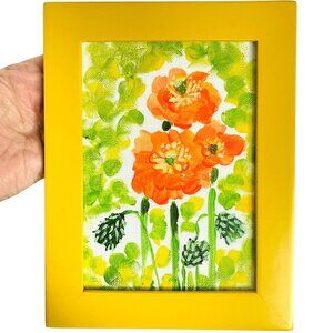Orange Poppies Original Wall Art Acrylic Poppy Painting Yellow Framed 6x8in